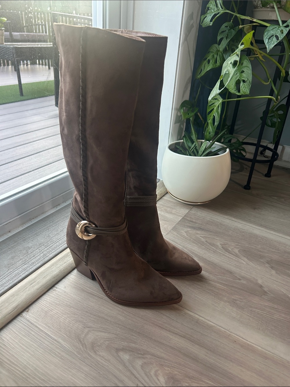 Universal Thread Brown Suede Knee-High Heeled Boots with Buckle